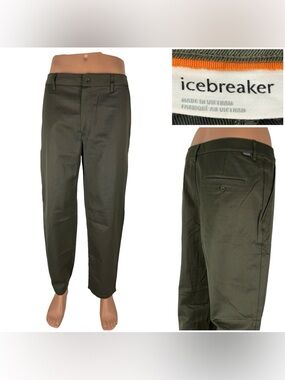 ICEBREAKER Mens 36 Pants Trousers Green Wool Cotton Blend Casual Flat Front EUC